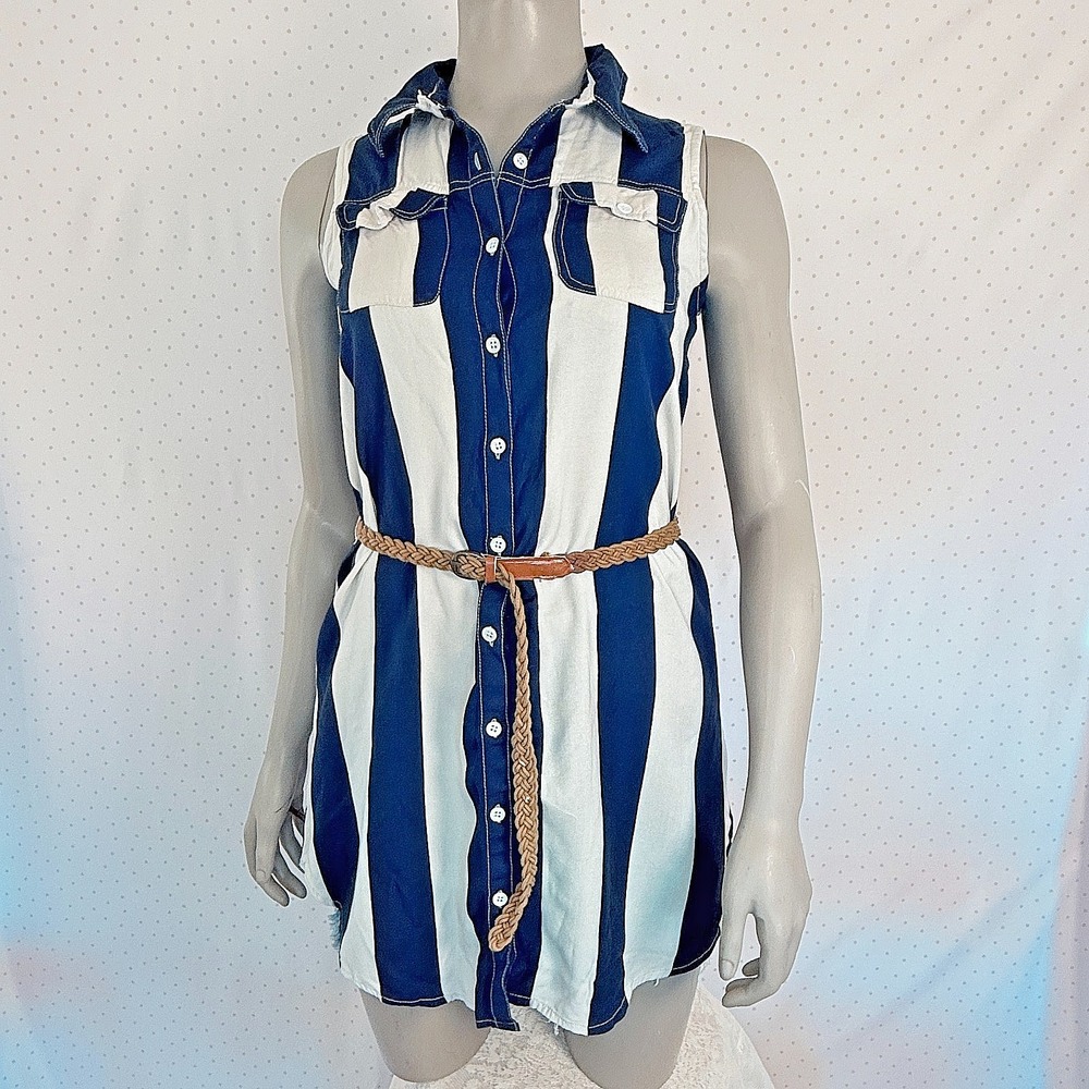 Fun & Flirt Y2K Navy Blue White Striped Sleeveless Button Shirt Dress Lg Preppy